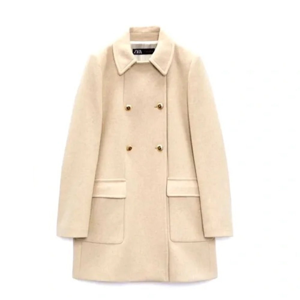 Zara Wool Blend Cream Double-Breasted Coat